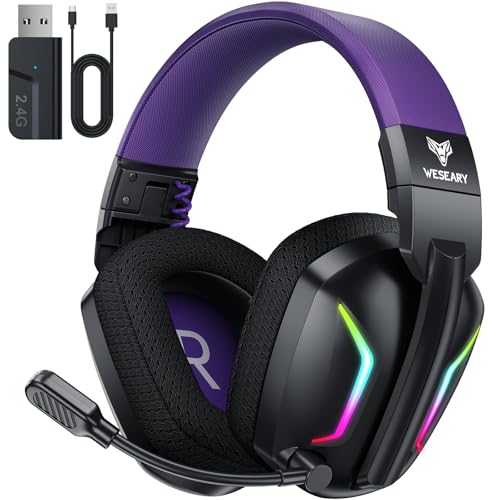 WESEARY WG1 Cascos Gaming Inalambricos, Auriculares Gaming Inalambricos para PS5, PS4, PC, Switch, Sonido Estéreo Auriculares Gaming con Microfono, Cascos con Luz LED, Duración 50Hr+