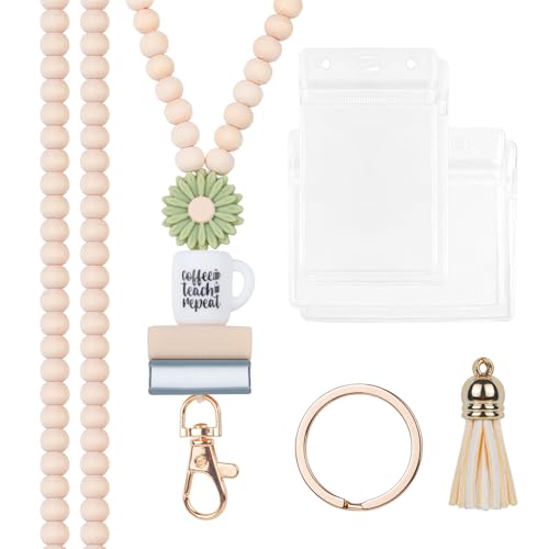 Badges Lanyard with ID Holder,Cute Wood Beaded Lanyard Teacher Keychain