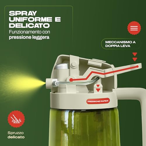 PORTENTUM Spruzzino olio per friggitrice aria 470 ml 2 in 1 funzione spray e versamento – Oliera spray vetro verde protezione dalla luce – Etichette multilingua – Nebulizzatore insalate e grigliate - Immagine 5
