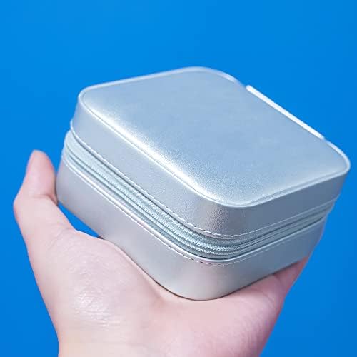 Mini Portable Jewelry Box Organiser, Travel Jewellery Case, Leather Double Layer Jewelry Box with Mirror, Rings Earrings Necklace Bracelets Jewelry Gift Box Girls Women (Silver)