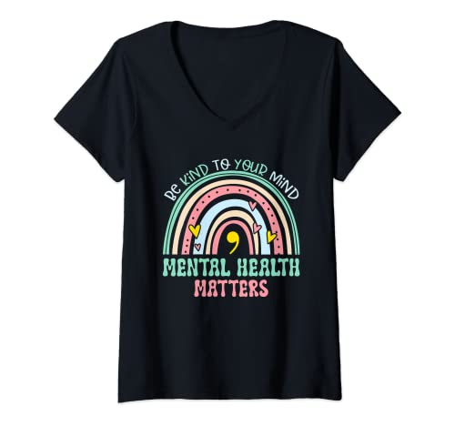 Damen Rainbow Be Kind To Your Mind Mental Health Matters T-Shirt mit V-Ausschnitt