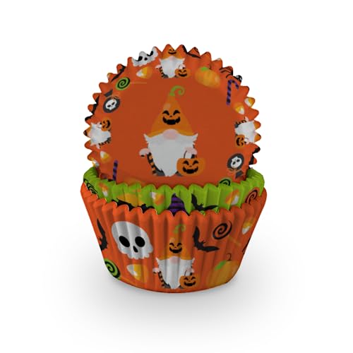 Anniversary House 60pcs Halloween Gonks Cupcake Cases - Heavy Duty Greaseproof Paper Baking Cups with Gnome, Pumpkin, Bat, Spider & Skull Designs - Fits Standard Muffin & Cupcake Tins