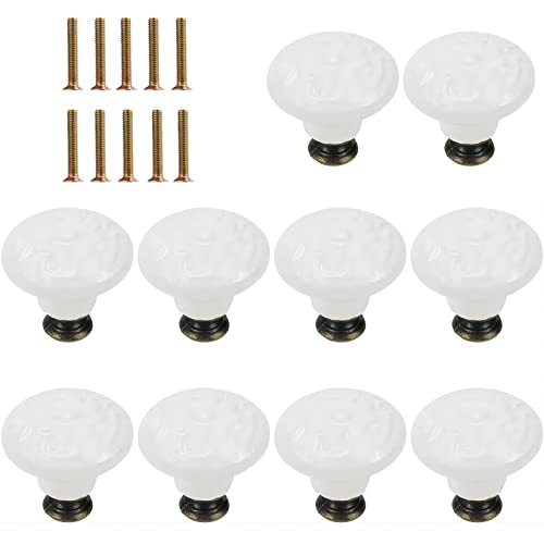 Skyzone Lot de 10 boutons de porte en céramique blanche de 34 mm, boutons de tiroir vintage en forme de champignon pour armoire, commode, tiroir, porte d'armoire