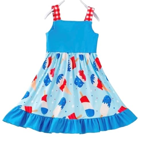 Girls Fourth of July Dress, Kids Summer Icecream Print, Ruffle, Plaid (Various Sizes)2