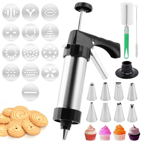 Stainless Steel Cookie Press Gun â€“ 13 Discs & 8 Piping Tips for Baking & Decorating | Ideal for DIY Spritz Cookies, Cakes & Desserts â€“ Perfect for Home Bakers & Dessert Lovers