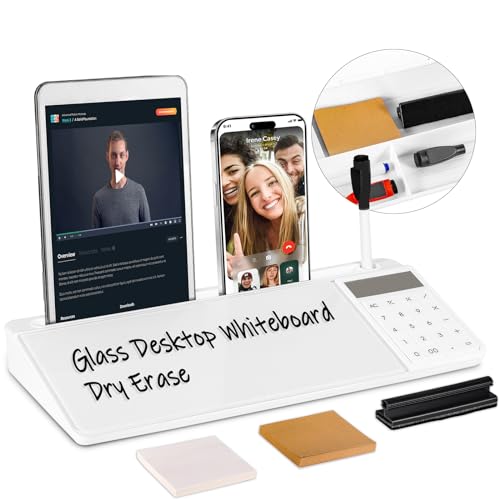 Desk Whiteboard Dry Erase Glass Desktop Whiteboard with Basic Calculator, Deskboard Buddy with Storage Organizer & Notepad Desktop Buddy Keyboard Stand for Home Office School Accessories Supplies