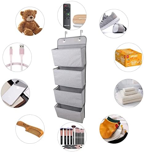 ManGotree Over The Door Storage Organizer,Hanging Storage, Wardrobe Storage Organizer, 4 Pockets Door Hanging Closet Storage with 2 Hooks, Foldable (Dot Grey)