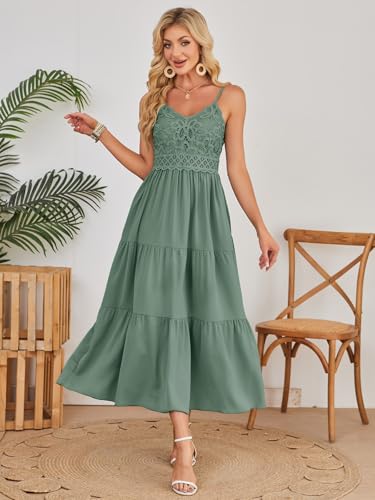 Image of Dokuritu Women's Beach Crochet Lace Maxi Dress Solid Color Summer Vacation Wedding Guest Spaghetti Strap Long Dress