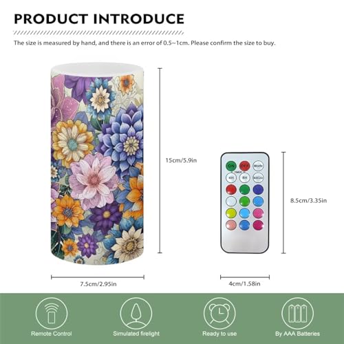 Image of Flameless LED Candle Flickering Wick Electric Candles with Remote Timer Color Changing 5.9 Inches Pillar Candle for Home Table Centerpiece Decoration, Boho Flower Purple Yellow
