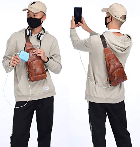 Bullcaptain Leather Sling Bag Mens Chest Bag Casual Shoulder Crossbody Bags Travel Hiking Backpacks Daypack With Usb Charging Port (Brown) #TOP6