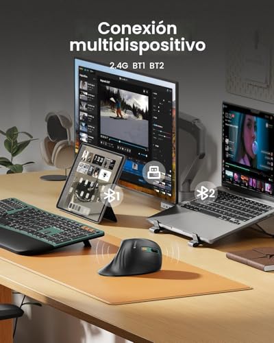 Miniatura 3 de Protoarc Ratón Ergonómico, Em11 Nl Inalámbrico Vertical Ratón Óptico Recargable Con 3 Puertos De Dispositivo Bluetooth Y Usb , 3 Dpi Ajustables Para Ordenador, Ipad, Mac, Windows - Negro Verde