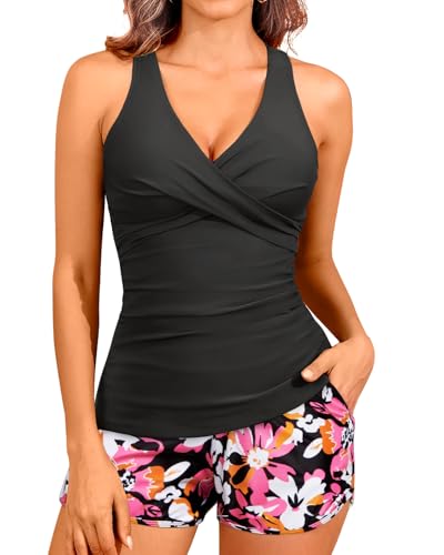 Image of Women Tankini Swimsuits with Shorts - Two Piece Tummy Control Bathing Suits Top with Two Pockets Bottom Swimwear
