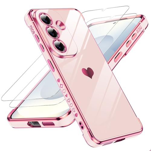 LeYi for Samsung Galaxy S26 Case with 2 Tempered Glass Screen Protector Scratch Resistant Silicone Cover Slim Soft TPU Shockproof Protective Mobile Phone Cover for S 26 - Pink