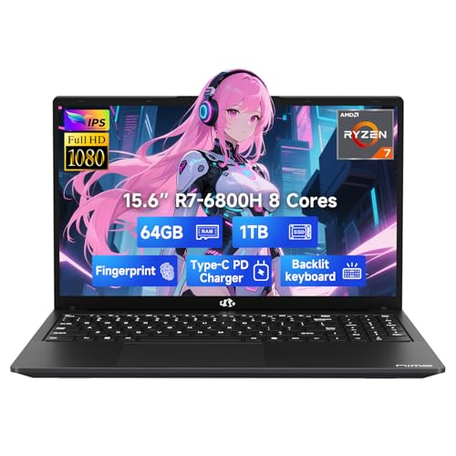 Image of NIMO 15.6 inch IPS FHD-Gaming-Laptop, 8 Cores AMD Ryzen 7 6800H 64GB DDR5 RAM 1TB SSD (Beat i7-12700H, Up to 4.7GHz) AMD Radeon 680M GPU-Computer with 100W GaN Type-C Backlit Keyboard Fingerprint