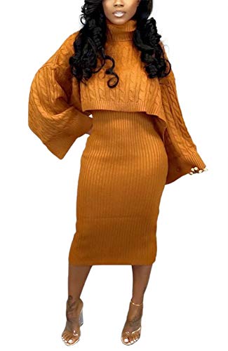 2 Piece Sweater Dress Sets for Women Knit Solid Color Pullover Top + Tank Midi Dress 2 Piece Outfits