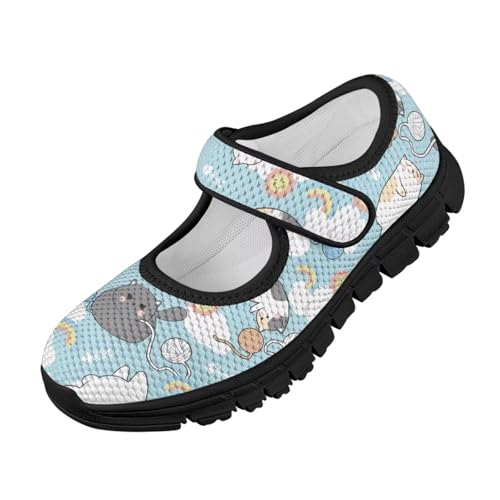 SYtrade Cat Cloud Fish Bone Blue Mary Jane Flats Kids Lightweight Walking Shoes Black Sole