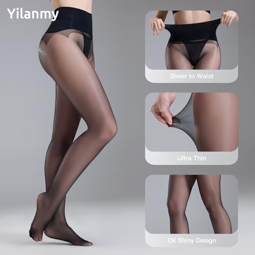 Image of Yilanmy 2 Pairs Seamless Shiny Tights for Women, 20D Sheer Shimmer Tights | Silky Nylons Smooth Skin, Seamless Crotch, Control Top Waistband, Oil Glossy Pantyhose for Daily, Dance, Performance