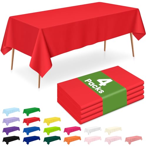Image of LANLISA 4 Pack Red Tablecloth Plastic, 54 x 108 Inch Rectangle Table Cloth Disposable, Valentines Day, Christmas Decorations Tablecloths, Party Plastic Cover