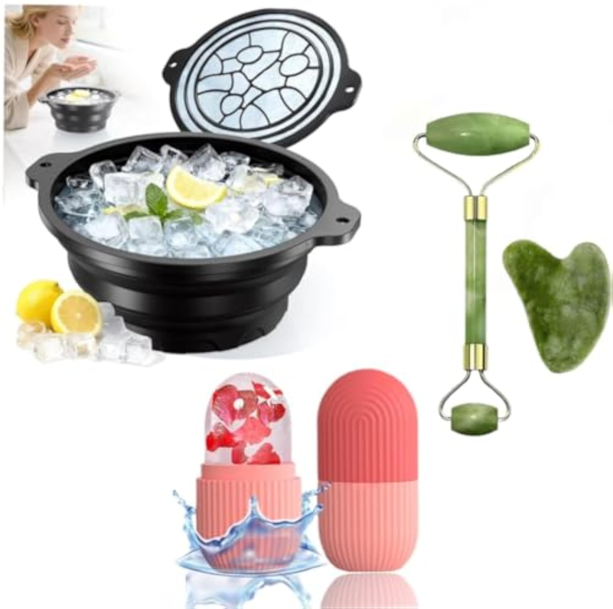 Ice Face Bowl Facial Icing Set with Ice Roller and Jade Roller