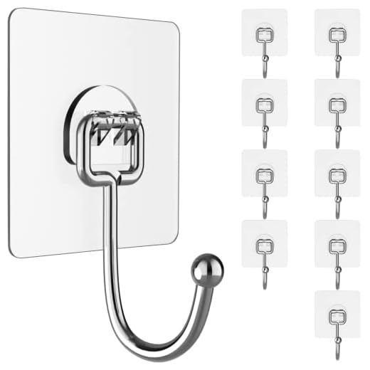 Large Adhesive Hooks for Hanging Heavy-Duty 44Ib(Max) 10 Packs, Wall Hangers without Nails Self-Adhesive Traceless Clear and Removable, Waterproof and Rustproof Multiple Uses for Bathroom Kitchen Home