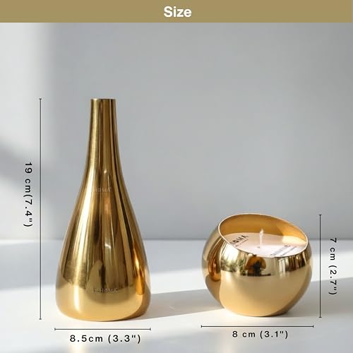 Image of BEHOMA Luxury Home Decor Combo Gift Set | Metal Scented Candle Set of 2 with Golden Decorative Flower Vase | Premium Table Decor for Living Room | Housewarming, Wedding & Festive Gift Set