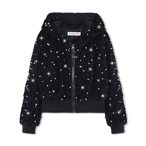 WELAKEN Girls Sequin Jacket for Kids Glitter Long Sleeve Zipper Cropped Bomber Jacket