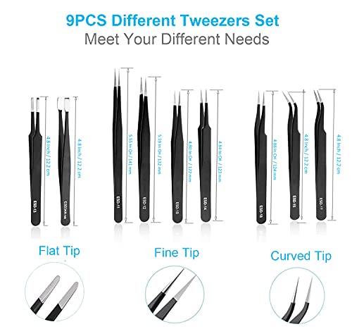 YHYZ 9pcs Anti Static ESD Tweezers Set with Case, Premium Precision SMD Stainless Steel Tweezes Kit (Fine, Curved, Flat), for Electronics, Hobby, Crafts, Jewelry Making, Soldering, Laboratory Work YHYZ 9pcs Anti Static ESD Tweezers Set with Case, Premium Precision SMD Stainless Steel Tweezes Kit (Fine, Curved, Flat), for Electronics, Hobby, Crafts, Jewelry Making, Soldering, Laboratory Work