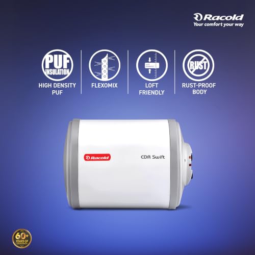 Image of Racold CDR Swift 6 Litre 3kW Storage Water Heater | 33% Faster Heating than other 2kW Geysers | Energy Efficient Horizontal Geyser | Titanium Coating on Tank | Free Standard Installation & Pipes