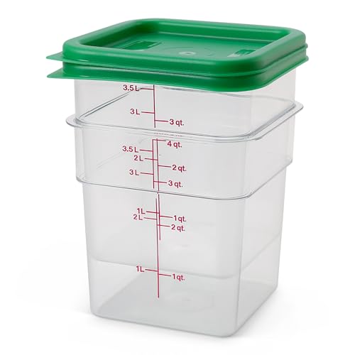 Image of Cambro Food Storage Container with Lid (2 Pack) - Classic Series Square with Green Lid - 4 QT (Quart) - Commercial Grade for Food Prep (Clear)