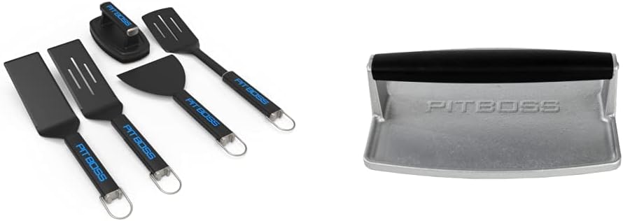 PIT BOSS Ultimate Griddle Tool Kit 5-Piece, Black & 40431 Griddle Press, Silver