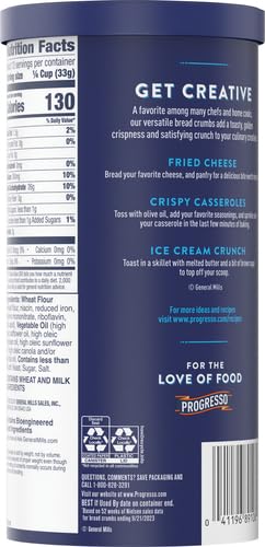 Image of Progresso Plain Bread Crumbs, Cooking Ingredient, Canister, 15 oz | Medium ground texture, Tasty as breading for fried cheese & casseroles and toasted skillet topping for ice cream