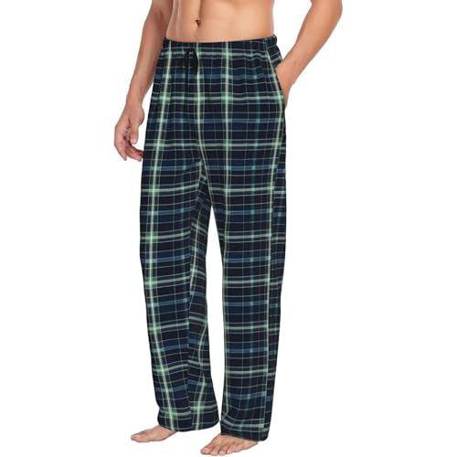 Mens Pajama Pants - Green Black Retro Plaid Print Soft Sleep Lounge Pants For Men, Casual Pj Bottoms With Pockets