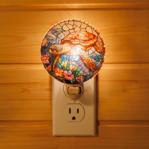 Image of Coastal Sea Turtle Night Light - Stained Glass Styled Plug-in Wall Light, Real Glass Ocean Theme Night Lamp for Bathroom, Bedroom, Hallway, Beach House Decor