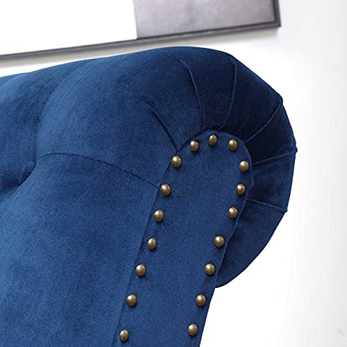 ONPNO Tufted Velvet Chaise Lounge Indoor, Leisure Accent Chair Upholstered Couch with Toss Pillow for Bedrooom Living (Blue), 55.1D x 25W x 34.3H in