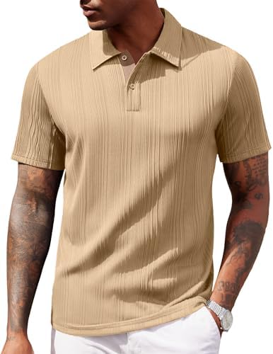 COOFANDY Mens Casual Shirts Short Sleeve Shirts Summer Collared Shirts Polo Stylish Textured Knit Golf Shirts Khaki