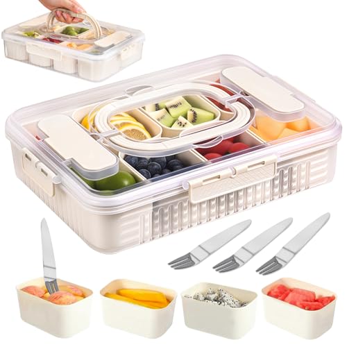 Pmueuff Snack Box, Bandeja Dividida para Aperitivos con Tapa y Asa Caja de Snacks con 8 Compartimentos Extraíble Caja de Aperitivos Dividida con 4 Tenedor para Caramelos Frutos Secos Galletas Dulces