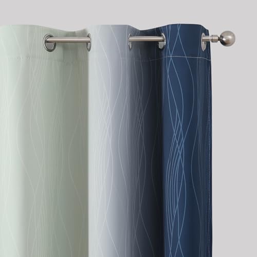 Estelar Textiler Sage Green and Navy Blue Ombre Blackout Curtains 45 Inches Long, Full Room Darkening Gradient Drapes for Kitchen, Thermal Insulated Grommet Curtains for Short Window,42Wx45L,2 Panels