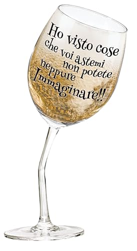 Bombo Bicchiere da Vino con Frase Divertente – “Ho visto cose che voi astemi…” – Calice Inclinato con Gambo Piegato – Idea Regalo Originale per Amanti del Vino