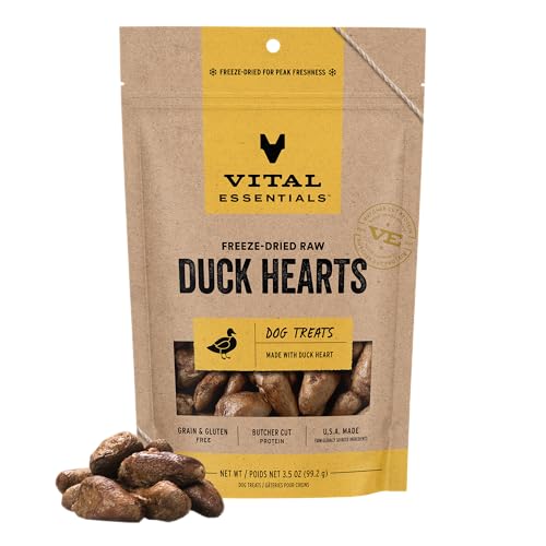 Image of Vital Essentials Freeze Dried Raw Duck Hearts Dog Treats | Single Ingredient | Premium Quality | Grain Free Treats for Dogs, 3.5 oz Bag