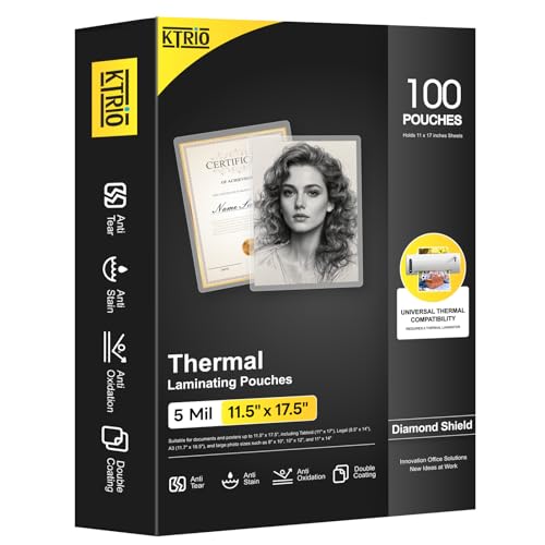 KTRIO 5 Mil Laminating Sheets, Hold 11 x 17 Inches Sheet, 100 Pack Thermal Laminating Pouches, 11.5 x 17.5” Laminate Sheets for Laminator, Clear Lamination Sheet Paper, Office School Home Supplies