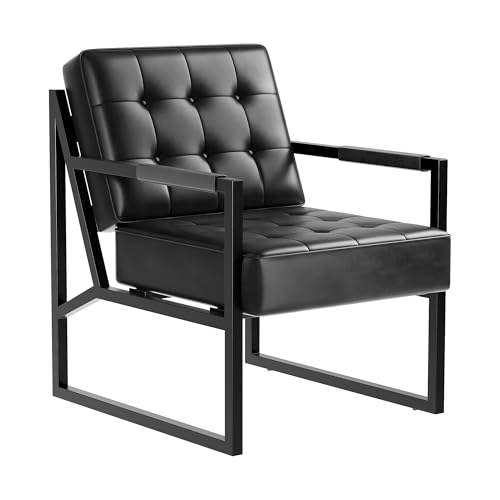 Image of GarveeLife Mid Century Modern Accent Chair, PU Leather Upholstered Armchair with Thick Cushion & Sturdy Metal Frame, Retro Lounge Chair for Living Room Bedroom Office Lobby Waiting Room, Black