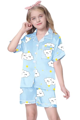 Image of Schbbbta Girls Womens Pajamas, Satin Silky Pjs Set Kids 2Pcs Button-Down Nightwear Sleepwear Gift for Mommy and me