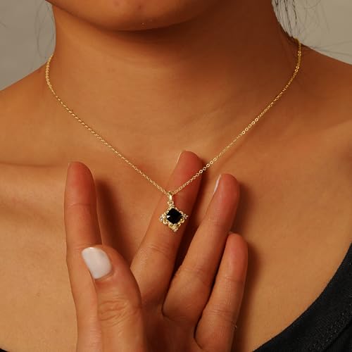 Dainty 14K Gold Plated Black Onyx Necklace for Women 925 Sterling Silver Square Gemstone Cubic Zirconia Pendant Choker Necklace Jewelry Christmas Wedding Gift4