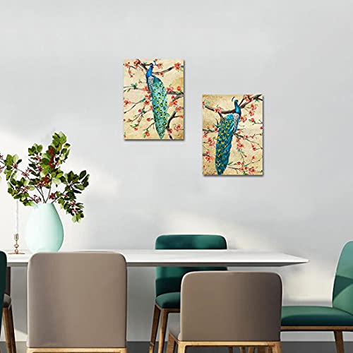 Retro Blue Peacocks Standing On Peach Blossom Tree Canvas Art Painting Elegant Animal For Home Office Wall Decor 2 Panels (12X16Inch, Framed) #TOP2