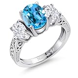 Gem Stone King Customized Personalized Engraved 3-Stone Ring For Women | 925 Sterling Silver | Gemstone Birthstone | 3 Stone Wedding Engagement Anniversary Promise Ring For Women | Size 7