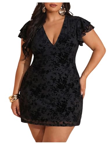 Image of BEAUDRM Women's Plus Size Cocktail Floral Short Dress Deep V Ruffle Short Sleeve Bodycon Mesh Wedding Guest Party Dresses