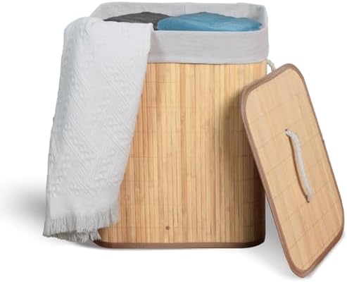 Cesto De Roupa Suja com Alças Em Bambu Com Tampa Forrado Banheiro...