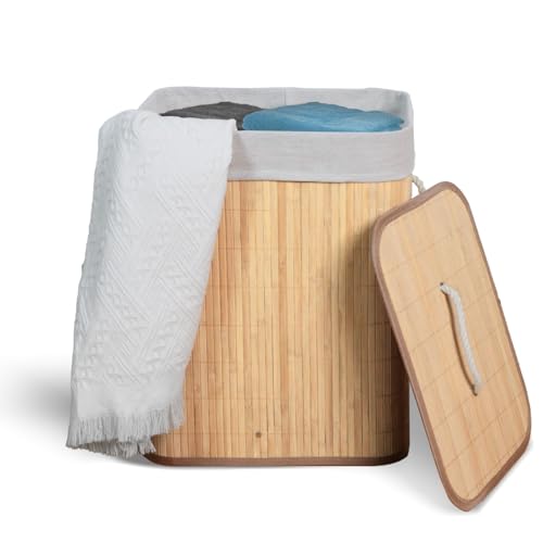 Cesto De Roupa Suja com Alças Em Bambu Com Tampa Forrado Banheiro Lavanderia Quarto