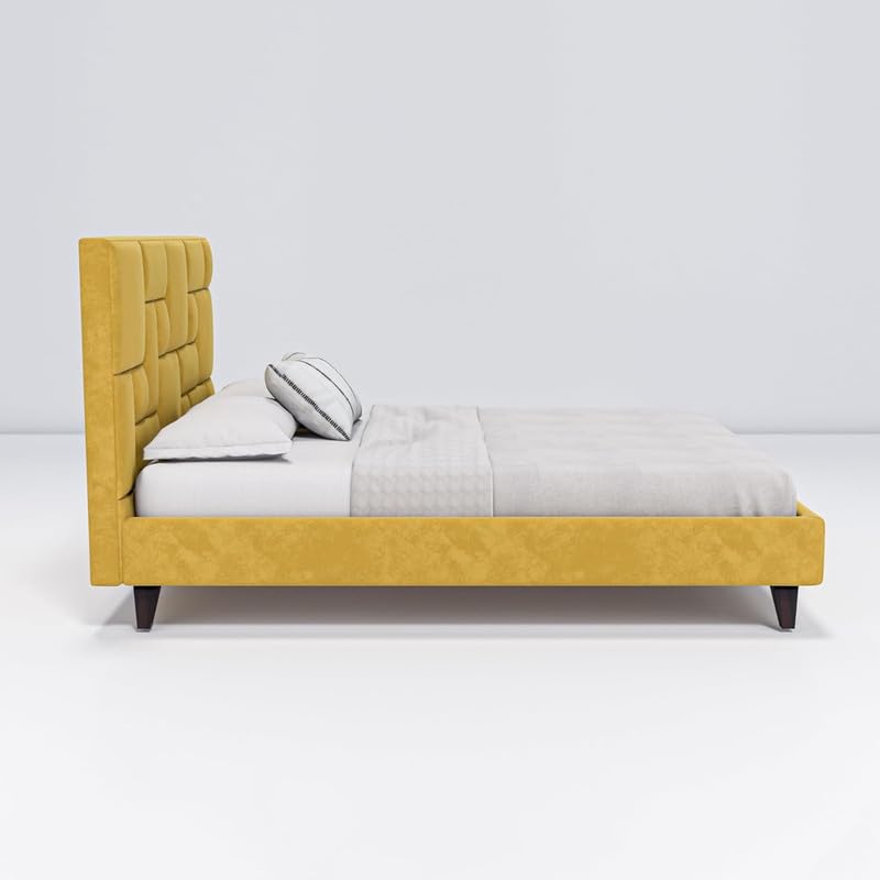 Image of Amazon Brand - Solimo Wood Cube Queen Size Bed with Fabric Upholstery | Modern Wooden Double Bed Without Storage Cot Platform Furniture for Bedroom and Livingroom | 6.5 x 6 Feet (Yellow)