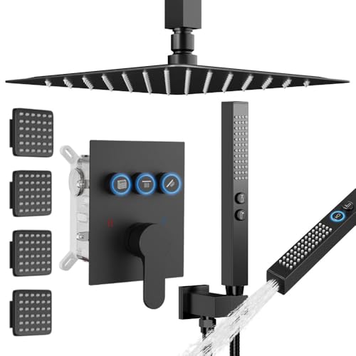 STARBATH Shower System with Body Jets, 12" Rainfall Shower head with 2 in 1 Handheld Spray, Can Use All at Once,Ceiling Mount Push Button Complete Shower Faucet Set with Valve and Trim Kit Matte Black by STARBATH - Used condition - US$166.28